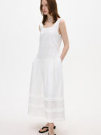 fano Cotton Korean Work Aline Sleeveless Round Neck Natural Waist White Maxi Dresses