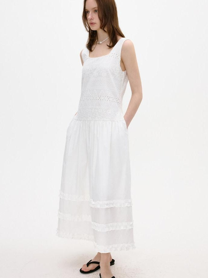 fano Cotton Korean Work Aline Sleeveless Round Neck Natural Waist White Maxi Dresses