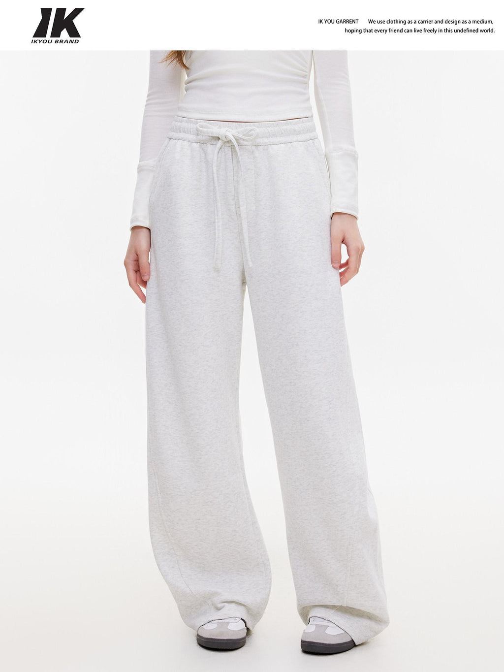 ikyou Thermal Casual Loose Pocket Elastic Waist Women Heather Gray Wide Leg Pants