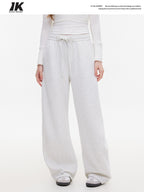 ikyou Thermal Casual Loose Pocket Elastic Waist Women Heather Gray Wide Leg Pants