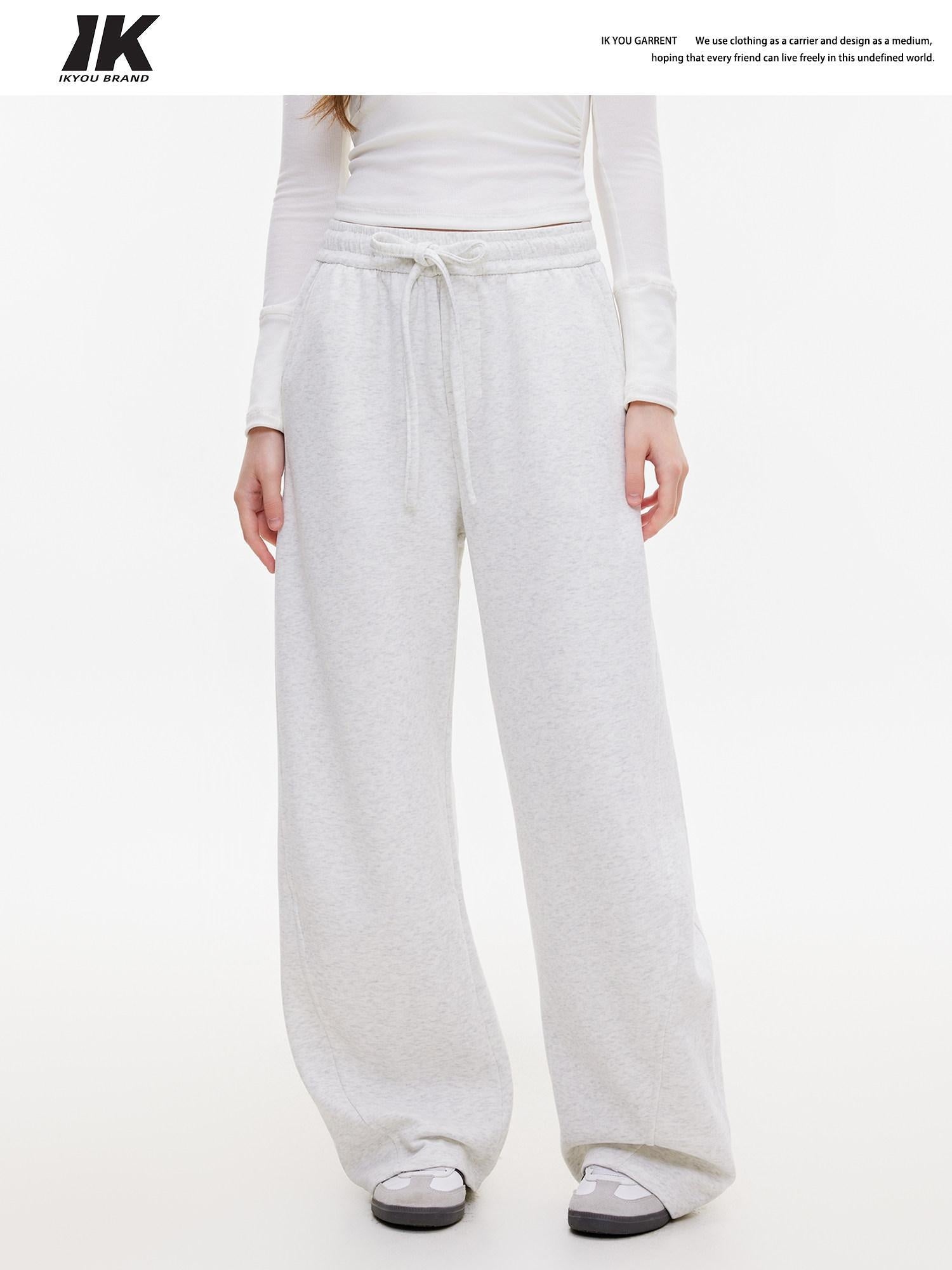 ikyou Thermal Casual Loose Pocket Elastic Waist Women Heather Gray Wide Leg Pants