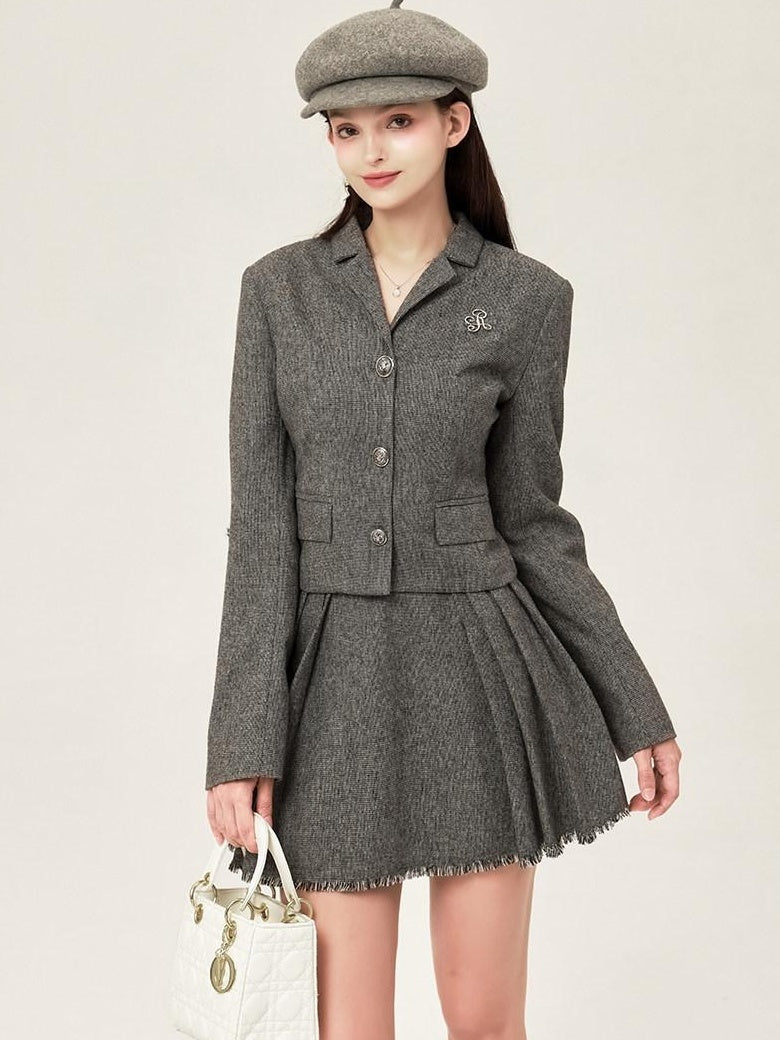 ikyou Tassel Button Slim Fit Square Neck Long Sleeve Work Gray Brown Top & Skirt Sets