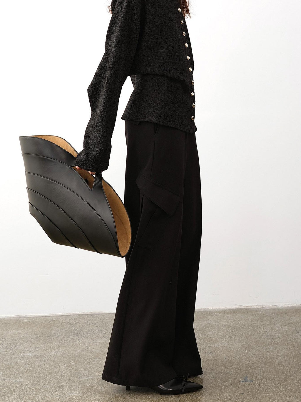 audreyyang High Waist Korean Workwear Black Polyester Viscose Wide Leg Pants
