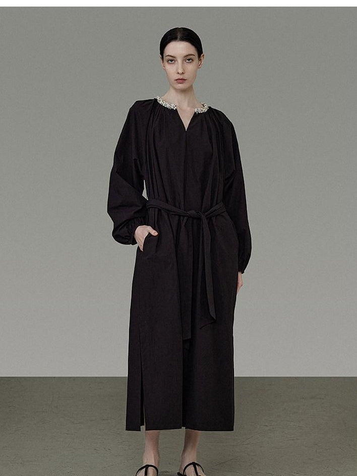 unspoken Cotton Loose Waist Minimalist V-neck Long Sleeve Casual Black Maxi Dresses
