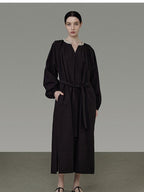 unspoken Cotton Loose Waist Minimalist V-neck Long Sleeve Casual Black Maxi Dresses
