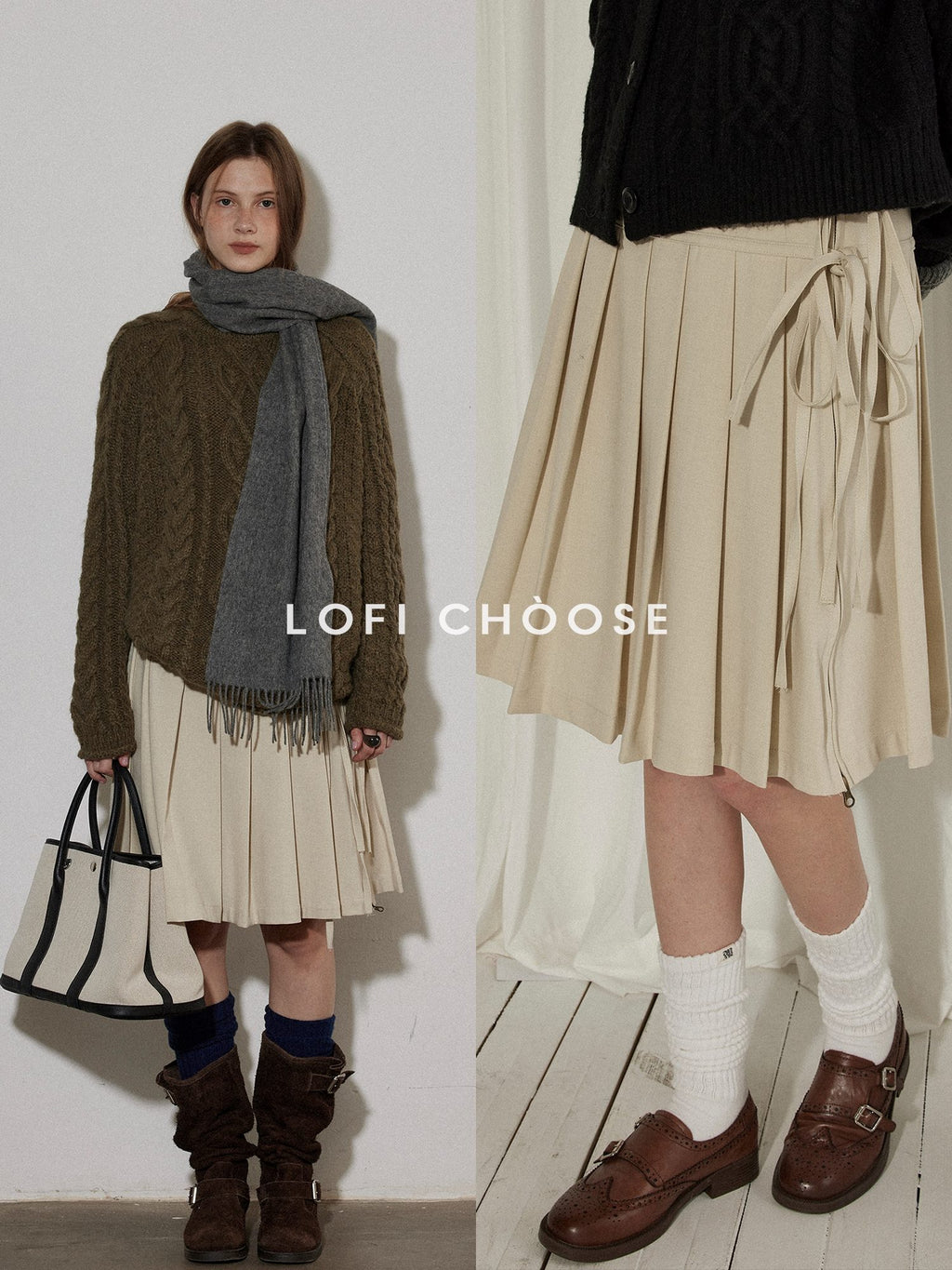 Lofi choose High Waist Vintage Pleated A Line Girly Office Apricot Polyester Midi Skirts