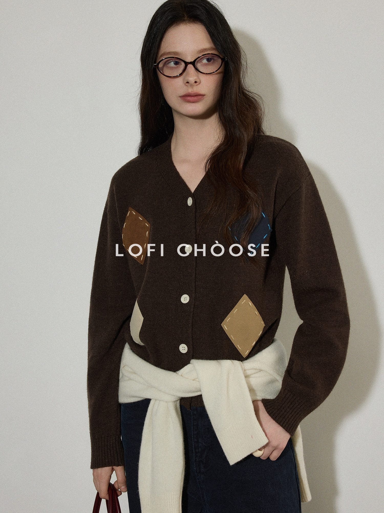 Lofi choose Wool Blend Colorblock Loose V-neck Women Workwear Argyle Button Knit Cardigans