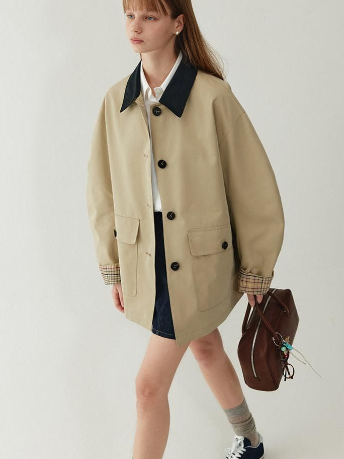 fano Khaki Black Contrast Short Cotton Blend Single Breasted Women Trench Coats