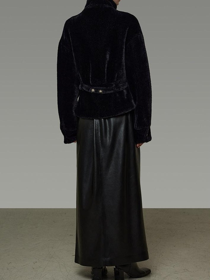 unspoken High Waist Textured H Line Straight Minimalist Workwear Black Midi Skirts