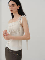 someonesometimes Slim Fit Knit Off Shoulder Casual Solid Apricot Gray Acrylic Stretch Women Top