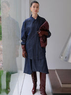 audreyyang Original Pleated Faux Denim Relaxed Buttoned Collared Girls Top & Skirt Sets
