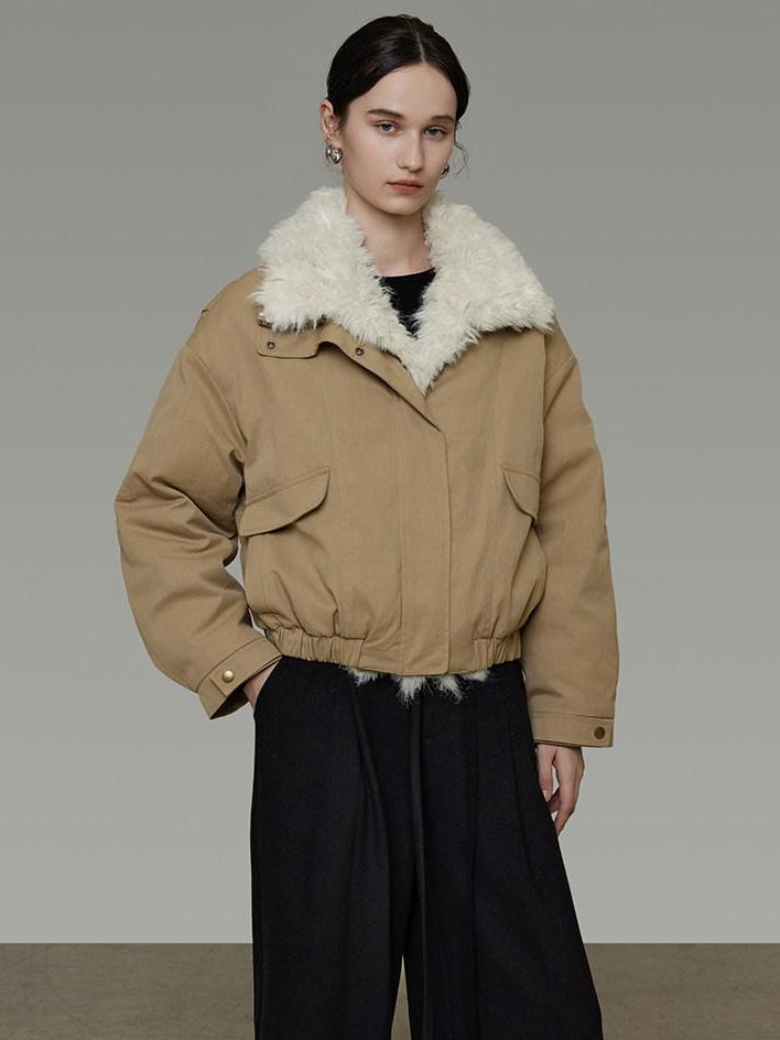 unspoken Thick Cotton Padded Patchwork Cropped Loose Commuter Khaki Puffer Jackets