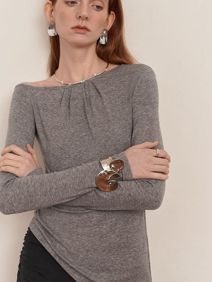 someone sometimes Lyocell Wool Blend Lightweight Asymmetric Neck Slim Casual Long Sleeve T-Shirts