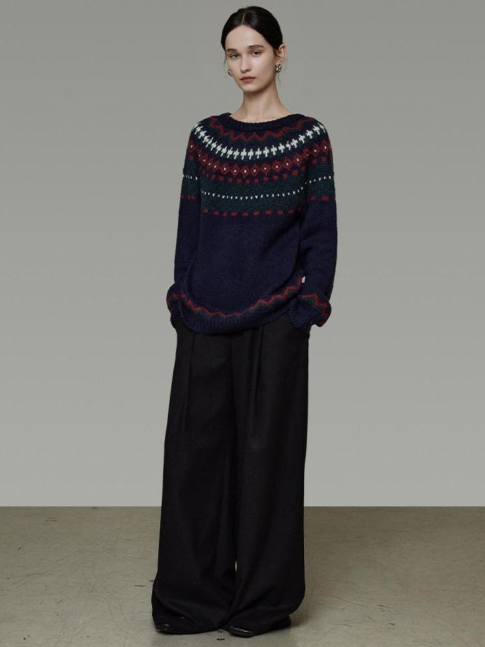 unspoken Warm Jacquard Colorblock Loose Commuter Crewneck Women Acrylic Blend Sweaters