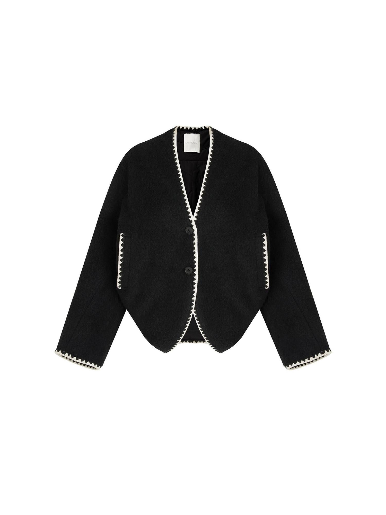 unspoken Minimalist Commuter Tailored Oversized V-neck Short Black Women Wool Coats