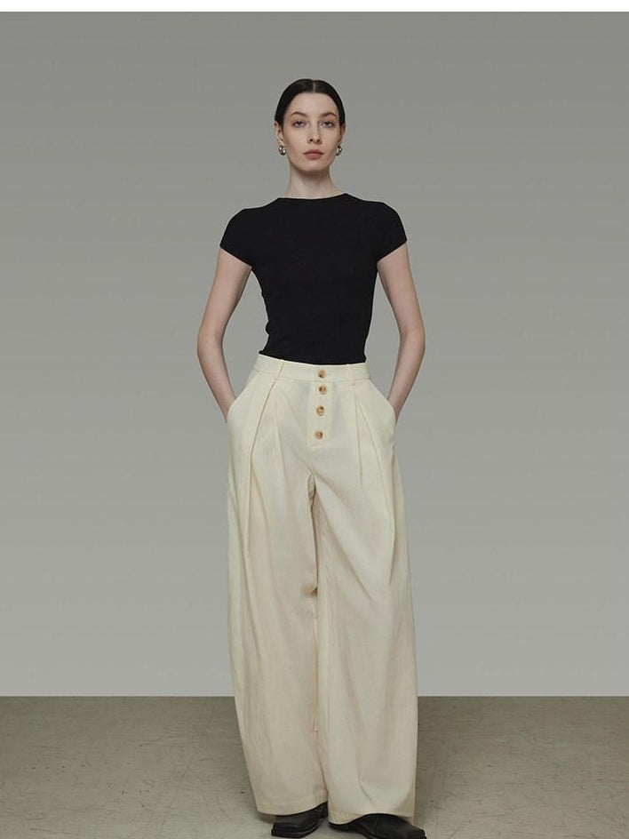 unspoken High Waist Lyocell Blend Pleated Button Minimal Workwear Wide Leg Pants