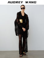 audreyyang Chic Two Piece Polyester V-neck Long Sleeve Set Women Black White Wide Leg Pants