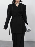 audreyyang Pleated Double Breasted Oversized V-neck Mid Length Women Workwear Blazers