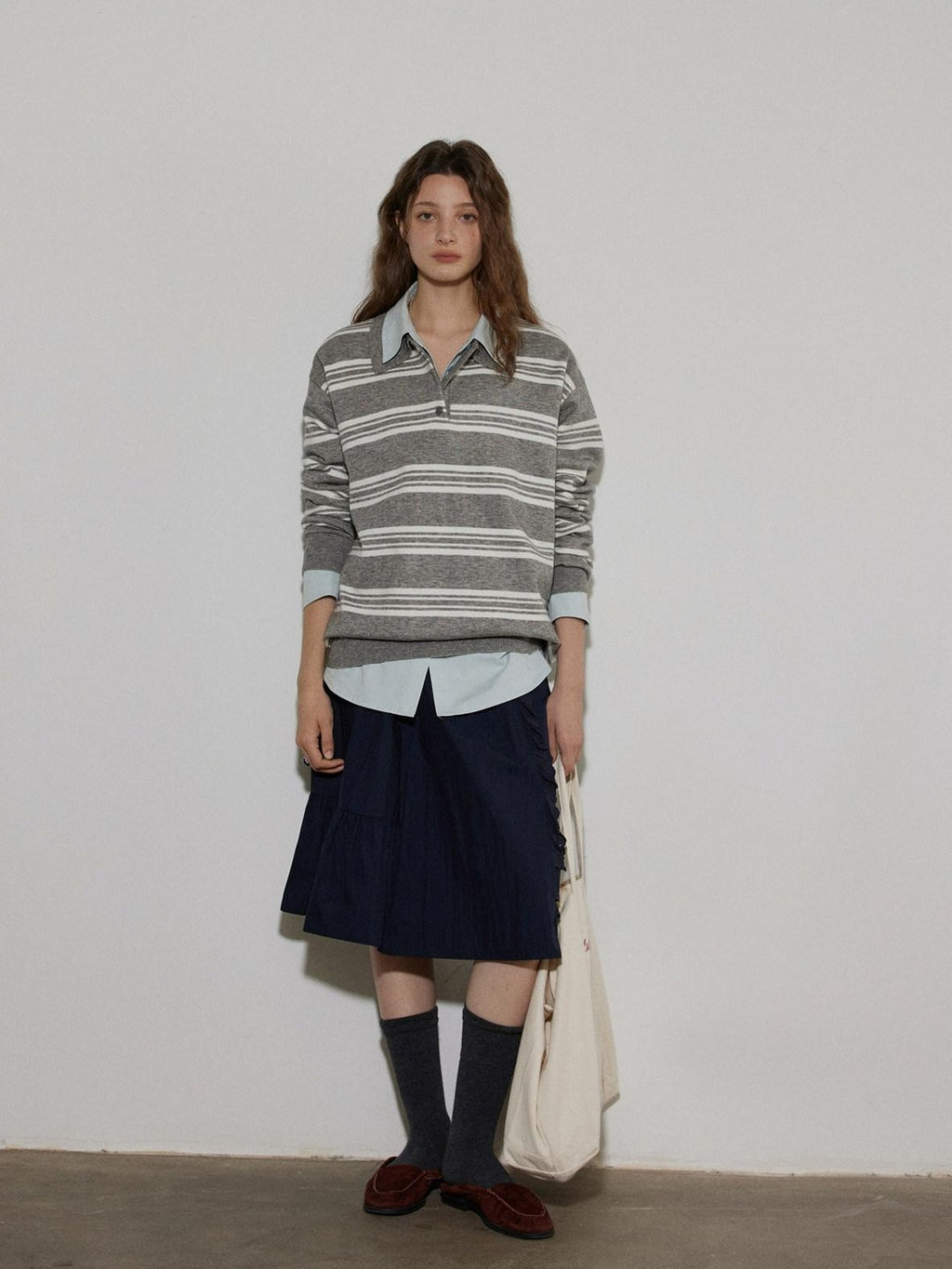 Lofi choose Soft Acrylic Blend Loose Fit Striped Polo Collar Office Women Knit Sweaters
