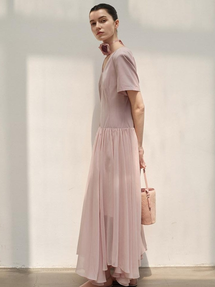 audreyyang Refined Solid V-neck Natural Waist Short Sleeve Casual Polyester Maxi Dresses