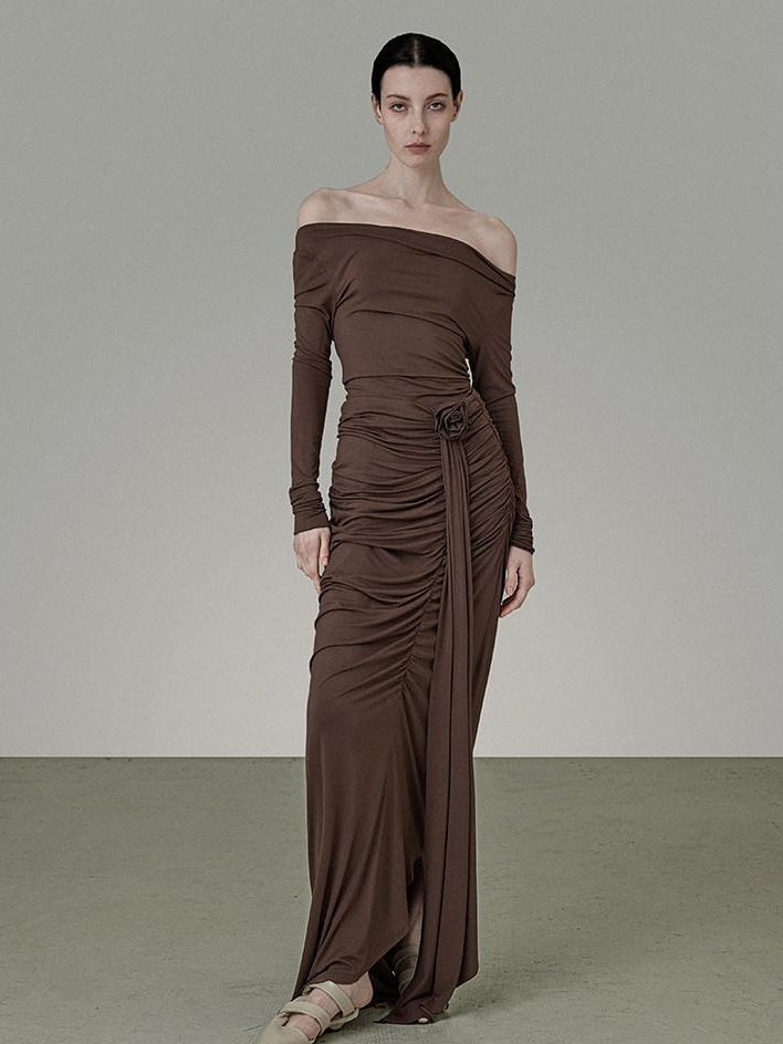 unspoken Slim Pleated Minimalist Workwear Women Pullover Polyester Brown Top & Skirt Sets