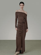 unspoken Slim Pleated Minimalist Workwear Women Pullover Polyester Brown Top & Skirt Sets
