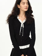 fano Stretch Viscose Slim Fit Embroidered V-neck Workwear Black Long Sleeve Cardigans