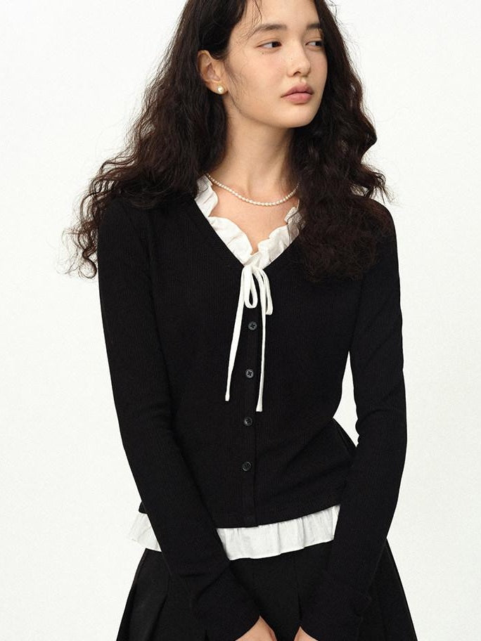 fano Stretch Viscose Slim Fit Embroidered V-neck Workwear Black Long Sleeve Cardigans