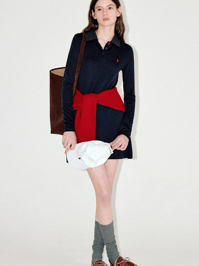 fano Soft Embroidered Tencel Vintage Aline Slim Long Sleeve Navy Midi Dresses