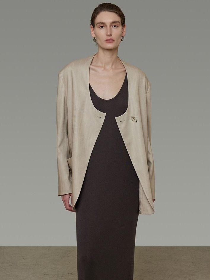 unspoken Breathable Tencel Loose Collarless No Button Minimalist Beige Women Blazers