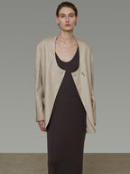 unspoken Breathable Tencel Loose Collarless No Button Minimalist Beige Women Blazers