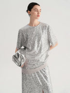 audreyyang Sparkling Sequin Casual Loose Fit Women Crew Neck Top & Skirt Sets