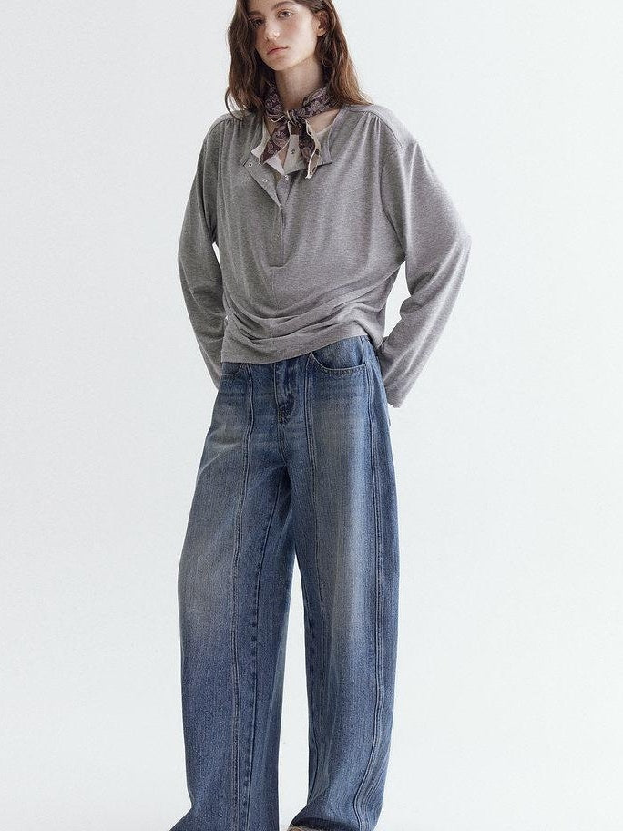 fano Breathable Cotton Natural Waist Relaxed Pocketed Casual Blue Straight Leg Jeans
