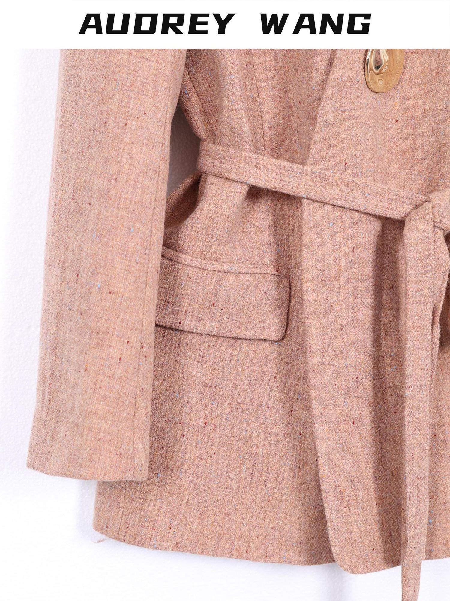 audreyyang Soft Lambswool Relaxed Fit Belted V-neck For Women Light Coffee Blazers