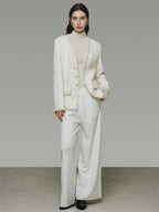 unspoken Soft Ivory Wool Blend Tailored Slim V-neck Long Sleeve Commuter Cardigans