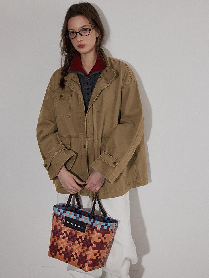Lofi choose Airy Loose Fit Commuter Lapel Button Longsleeve Solid Khaki Cropped Jackets