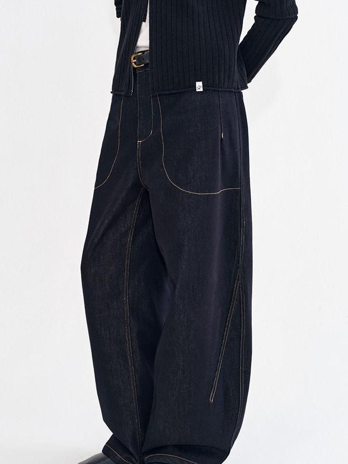 fano Vintage Washed Cotton Loose Natural Waist Casual Women Dark Wide Leg Pants