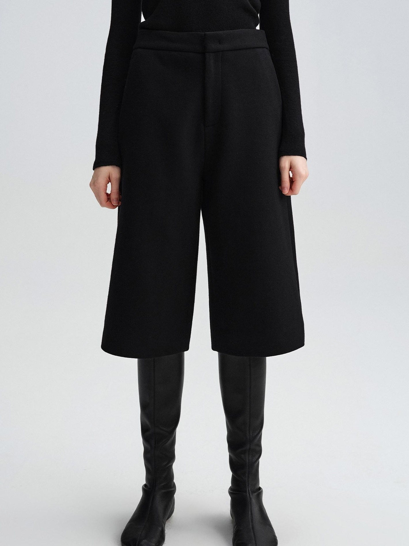 audreyyang Wool Blend Minimalist Wide Leg Natural Waist Womens Workwear Mid-Length Shorts