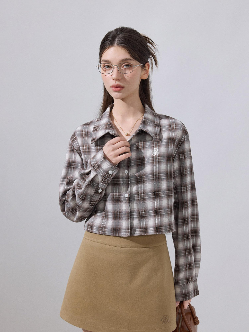 ikyou Embroidered Plaid Crop Slim Fit Collared Long Sleeve Casual Women Brown Shirts