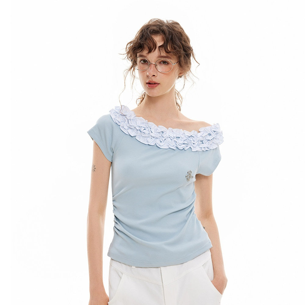 ikyou_Wrinkle_Free_Ruffle_Slim_Asymmetric_Neck_Women_Solid_Blue_Short_Sleeve_T-Shirts_MISSTT