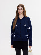ikyou Cozy Thermal Knit Loose Fit Button Front Sweet Style Navy Women Cardigans