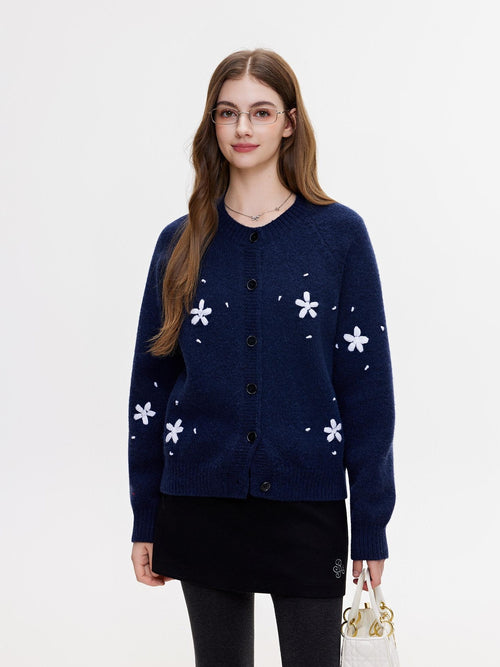 ikyou Cozy Thermal Knit Loose Fit Button Front Sweet Style Navy Women Cardigans