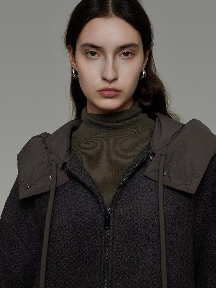 unspoken Premium Lambswool Hooded Relaxed Fit Minimal Commuter Zipper Gray Wool Coats