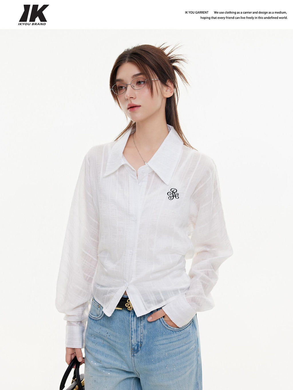 ikyou Breathable Lyocell Embroidered Slim Lapel Cardigan Short Work Women Shirts