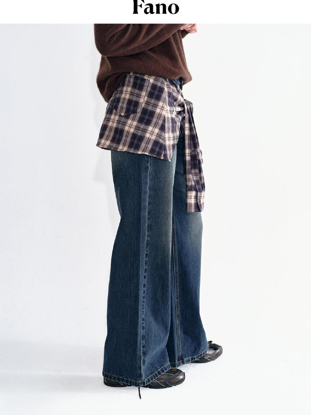 fano Breathable Cotton Wide Natural Waist Plaid Womens Straight Leg Jeans