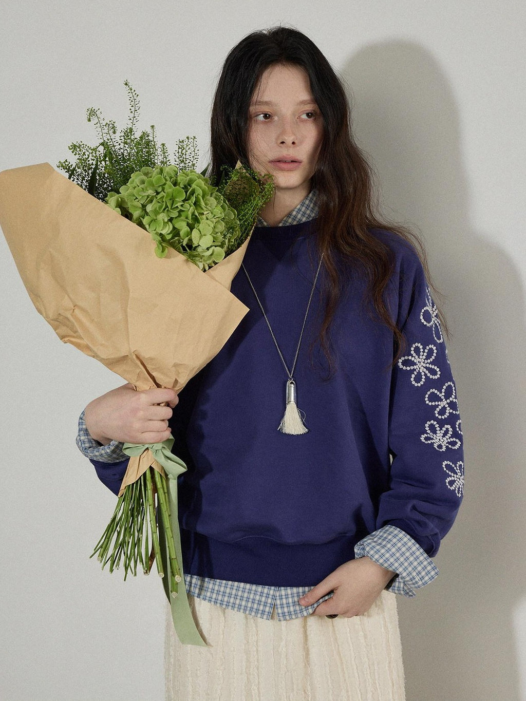 Lofi choose Floral Print Loose Fit Office Crewneck Women Blue Gray Long Sleeve Sweatshirt