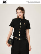 ikyou 3D Embellished Minimal Slim Short Sleeve Stand Collar Black Knit Women Cardigans
