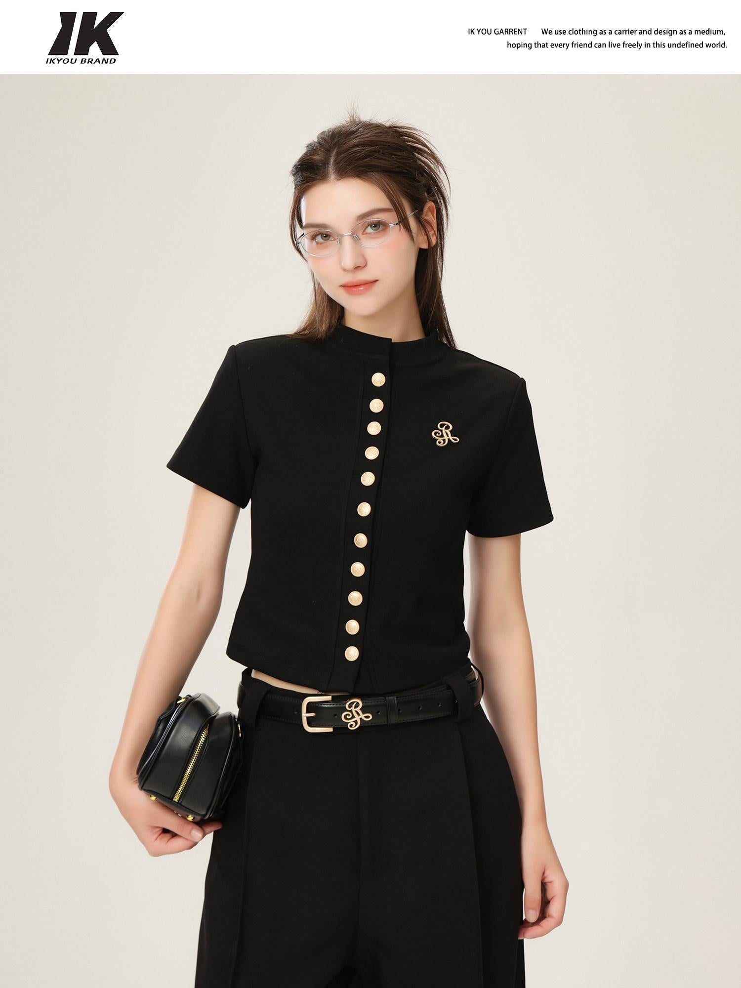 ikyou 3D Embellished Minimal Slim Short Sleeve Stand Collar Black Knit Women Cardigans