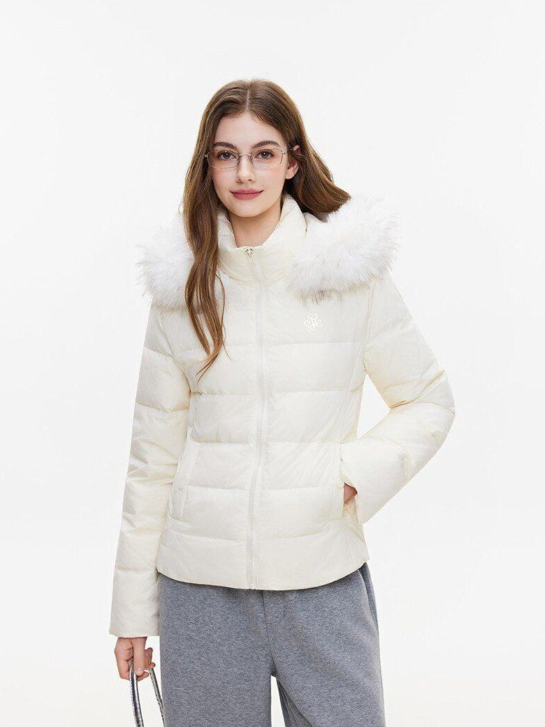 ikyou 90% White Duck Down Warm Minimalist Slim Hooded Fur Collar Women Down Jackets