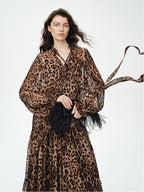 audreyyang Silk Blend Leopard Print A Line Fitted Waist Long Sleeve Vacation Maxi Dresses